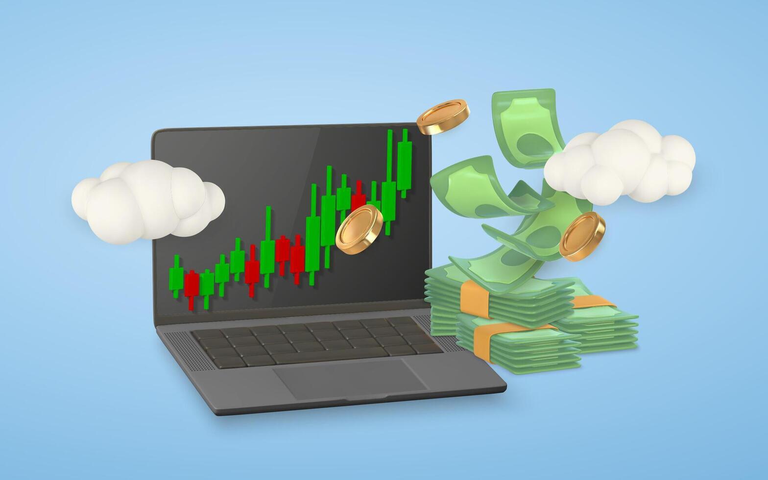 3d stock online trading with laptop, investment graph and flying stack of money in cartoon style. illustration vector