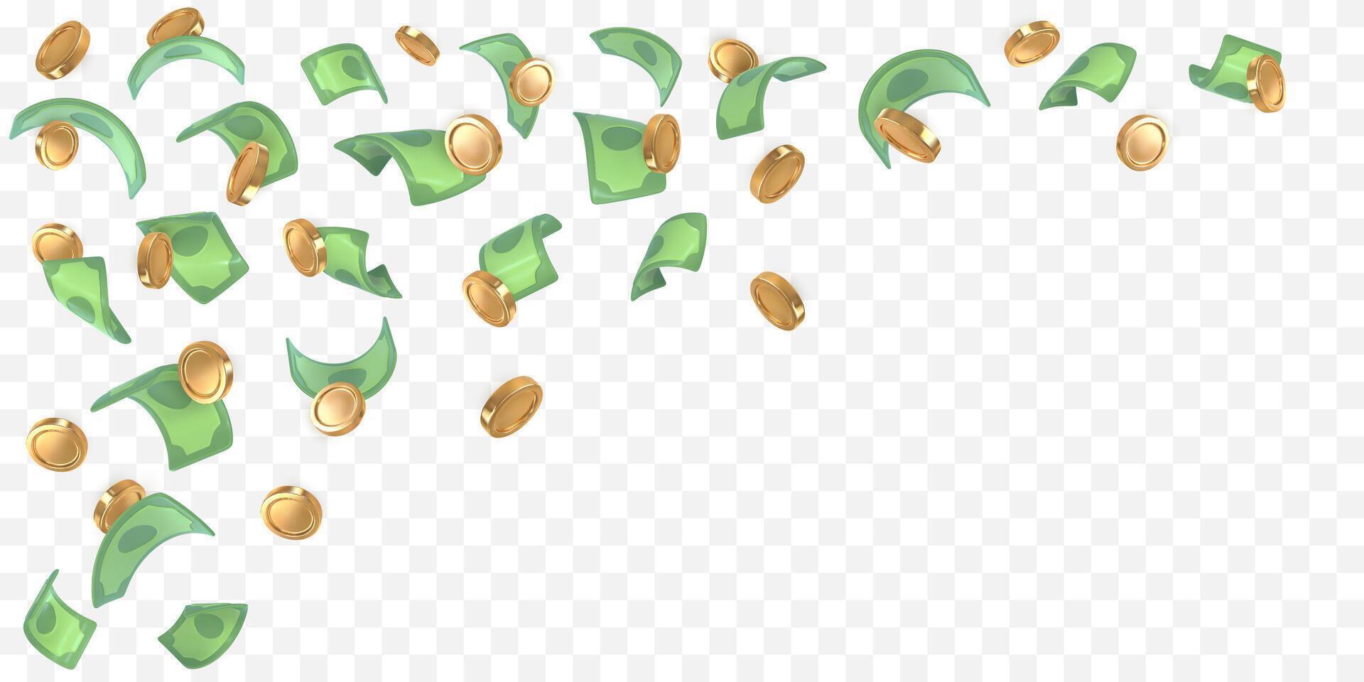 3d dollar notes and gold coins falling. Financial success concept. vector