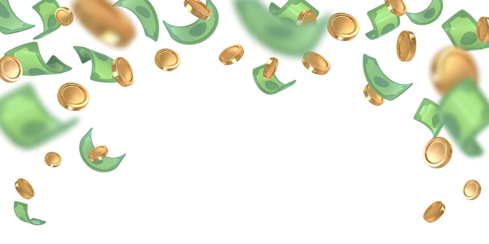 3d dollar notes and gold coins falling. Financial success concept vector
