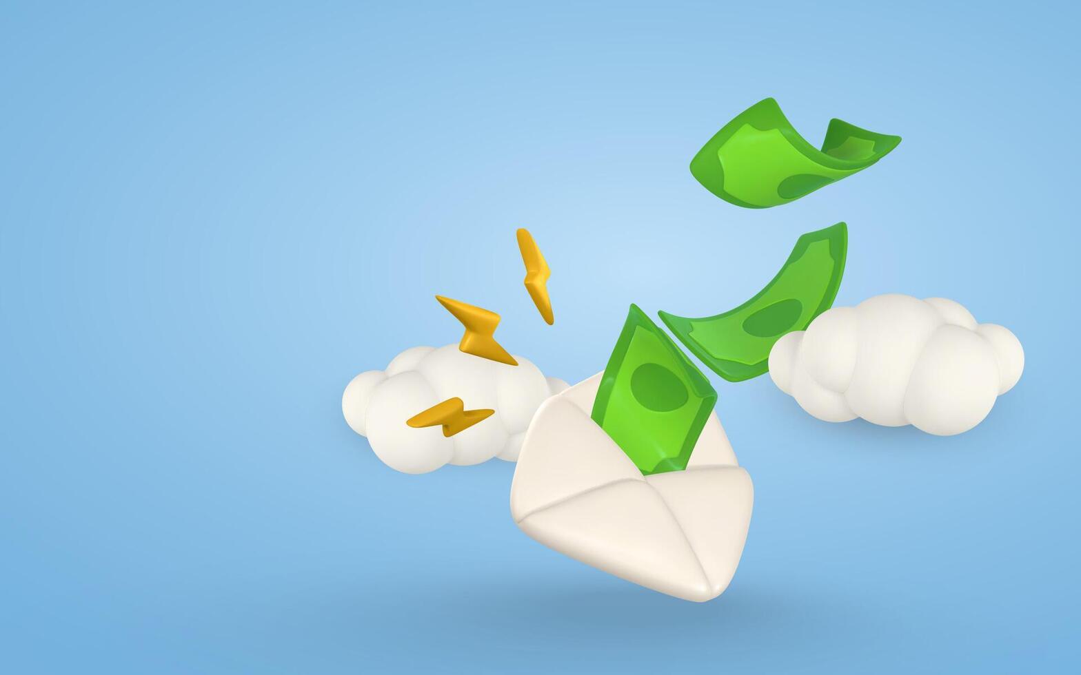 3d open envelope with green banknotes, cloud in cartoon style. Financial investment concept. illustration vector