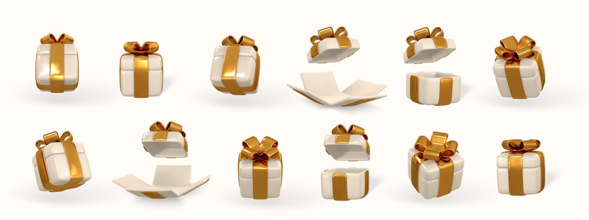 3d gift box with golden bow Plastic box with shadow isolated on light background. illustration vector