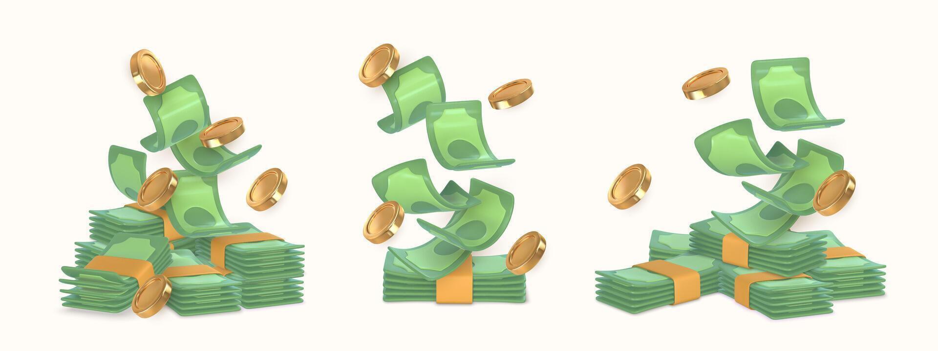 3d green stack of money gold coin and twisted money. illustration vector
