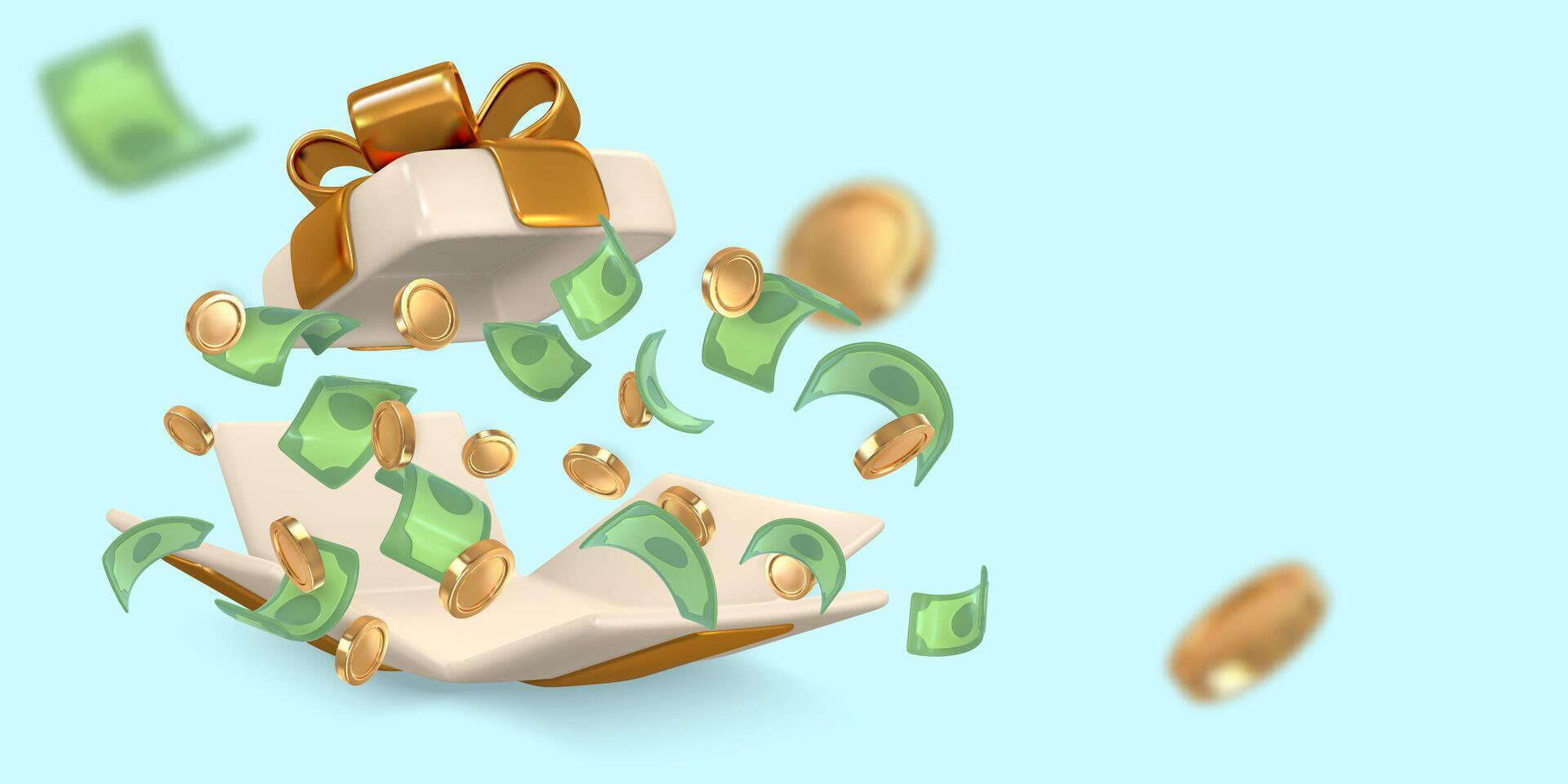 Realistic gift box ribbon, money, coin and confetti. illustration vector
