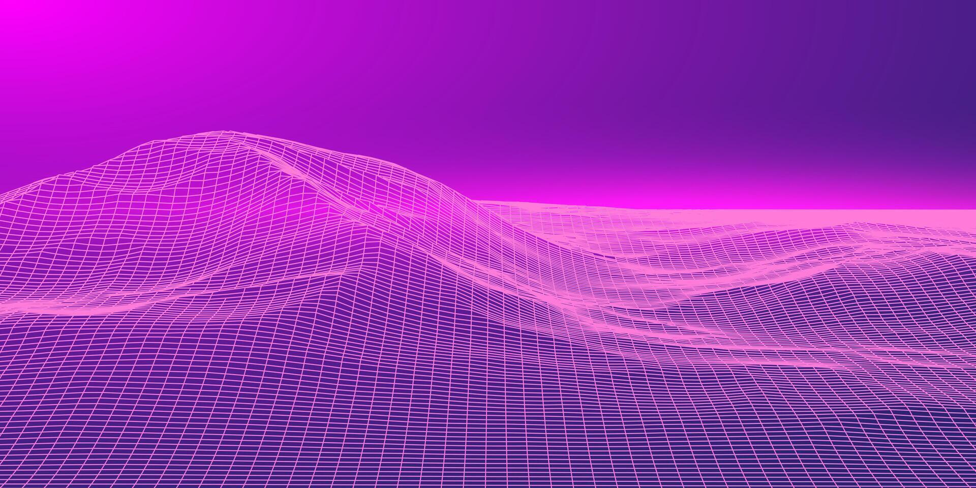 Cyberspace neon mountine. Retro futuristic neon grid background. 80s design. illustration vector