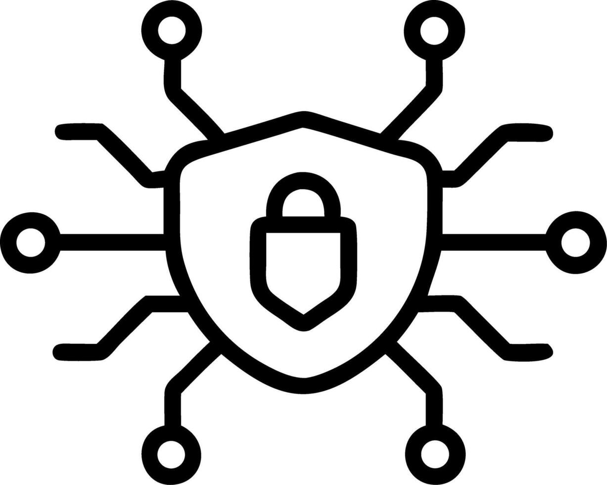 Security shield with padlock and network connections line drawing isolated on white background vector