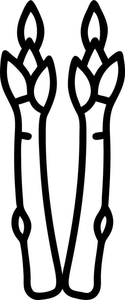 Two asparagus spears standing upright with detailed bracts and stems in a simple line drawing style vector
