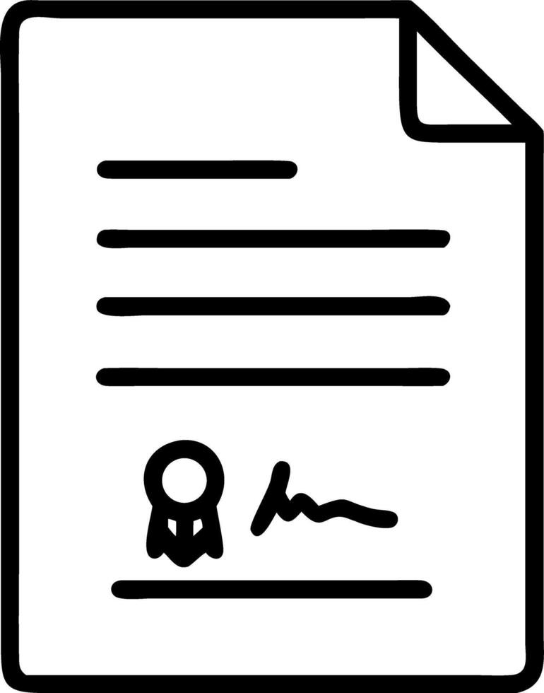 Illustration of a document with a seal and signature in black outline isolated on white background vector