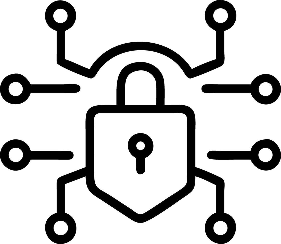Outline icon depicting a padlock with digital connections around it isolated on white background vector