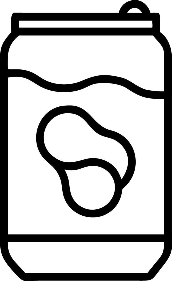 Outline drawing of a beverage can with a wavy liquid line and a bean shaped logo in the center front vector