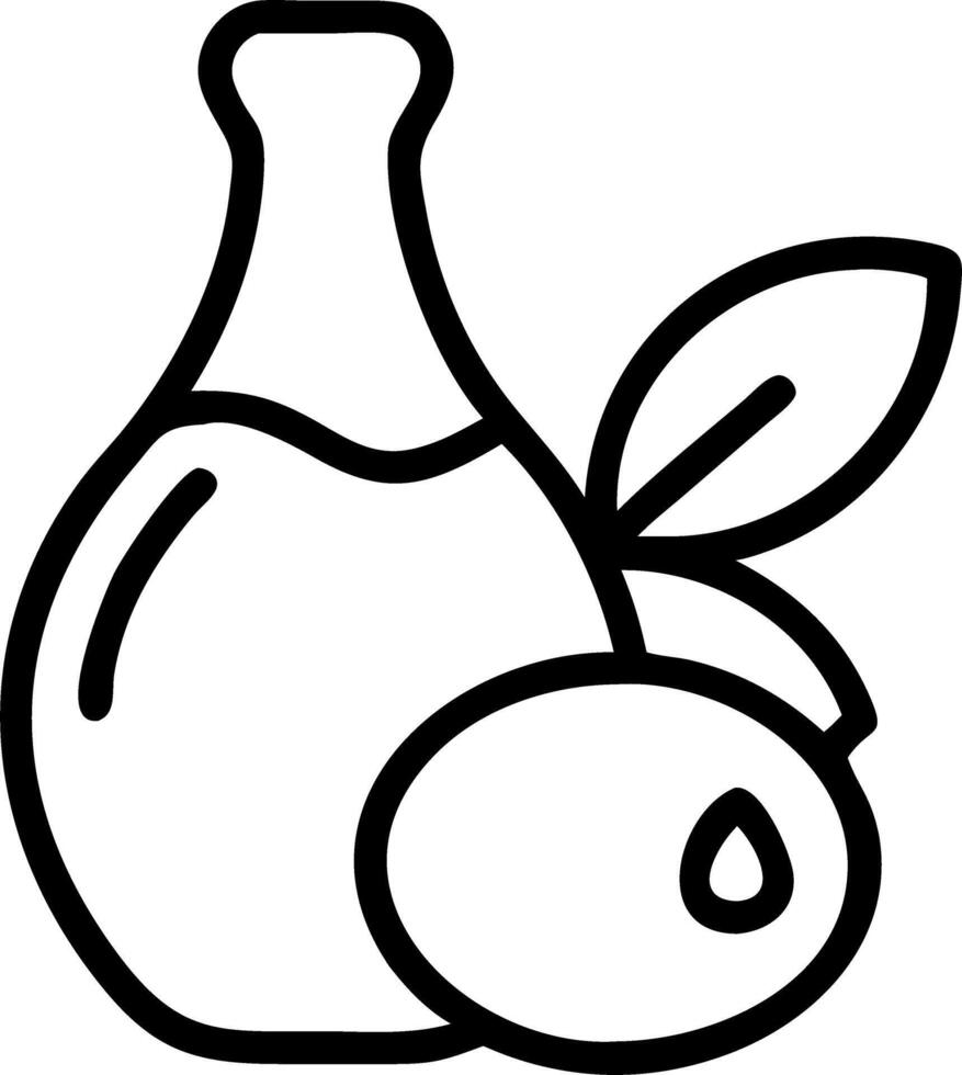 Illustration of a bottle with liquid next to an olive and a leaf in black outline style drawing vector