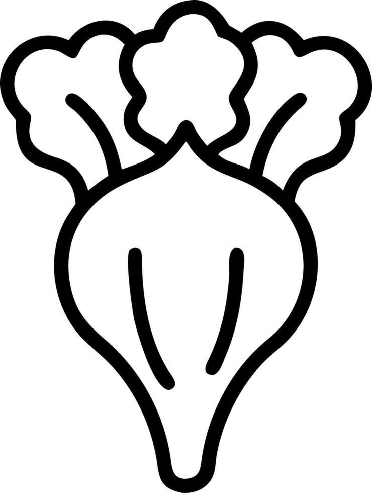 Outline drawing of a turnip with leaves and root, isolated on white background, simple and minimalist vector