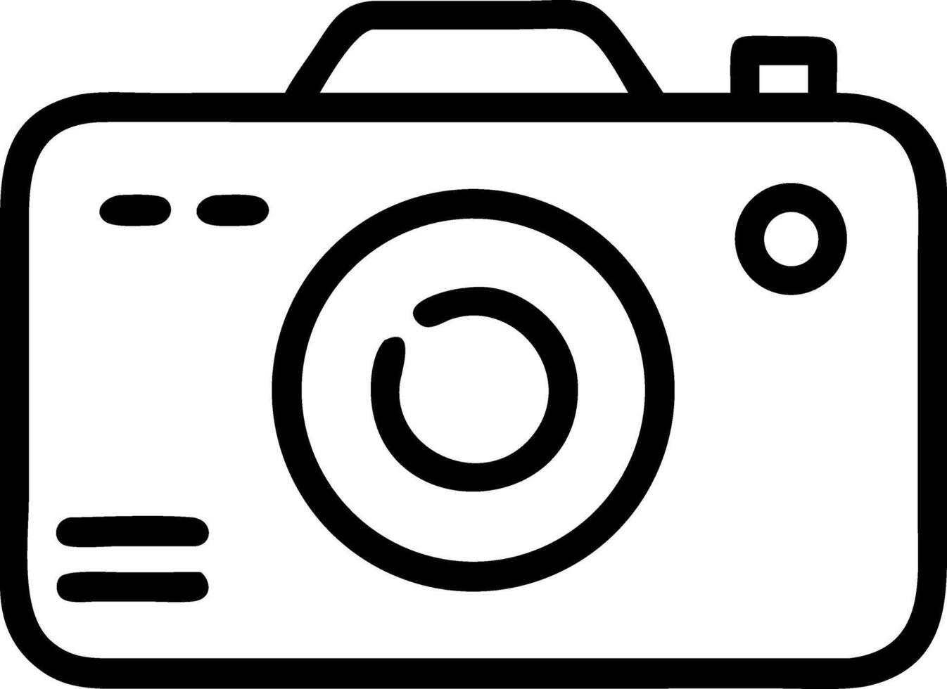 Illustration of a basic camera with a lens and flash in black outline isolated on white background vector
