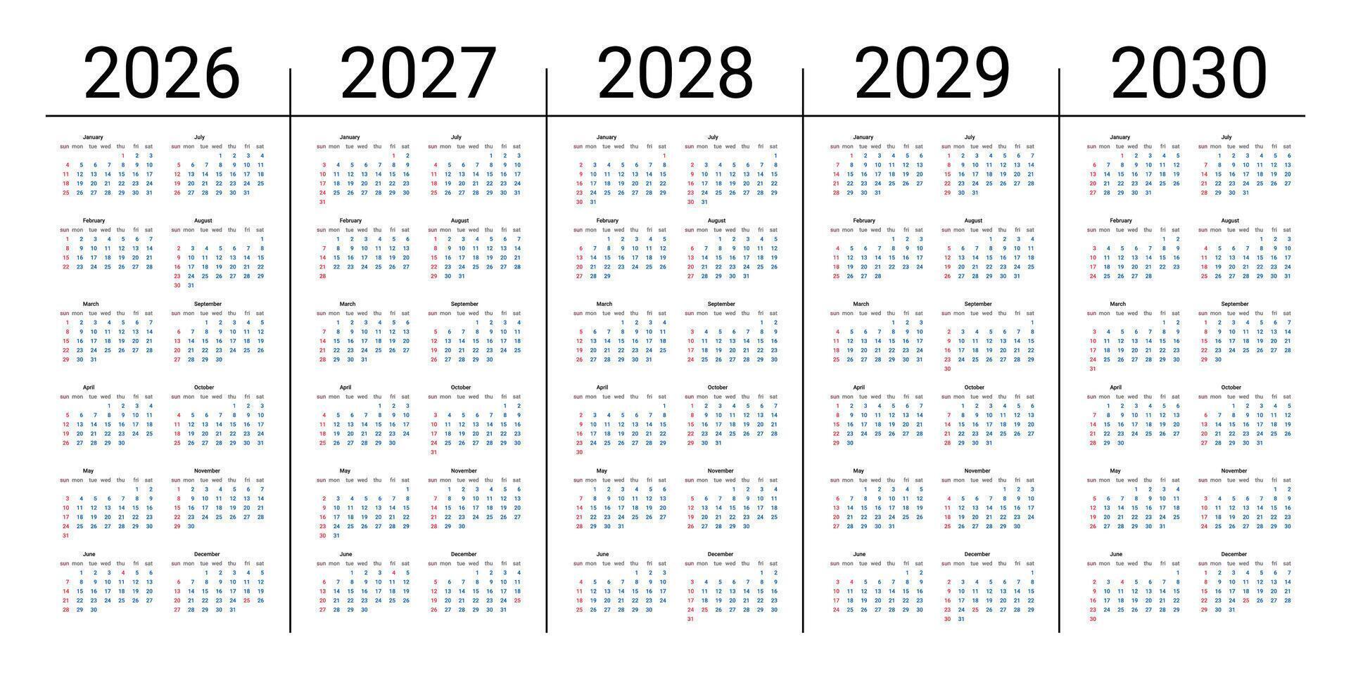 Five Year Calendar 2026 to 2030 with Simple Minimal Layout, Clean Design, Full Year Overview for Long-Term Planning, Business, and Personal Organization. Easy to Read Grid. Illustration vector