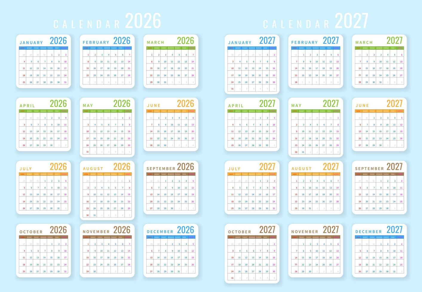 Elegant 2026 2027 Calendar Template with Colorful Monthly Grid, Minimalist Layout, Perfect for Business, Office, and Personal Planning. Clean Editable Layout Illustration vector