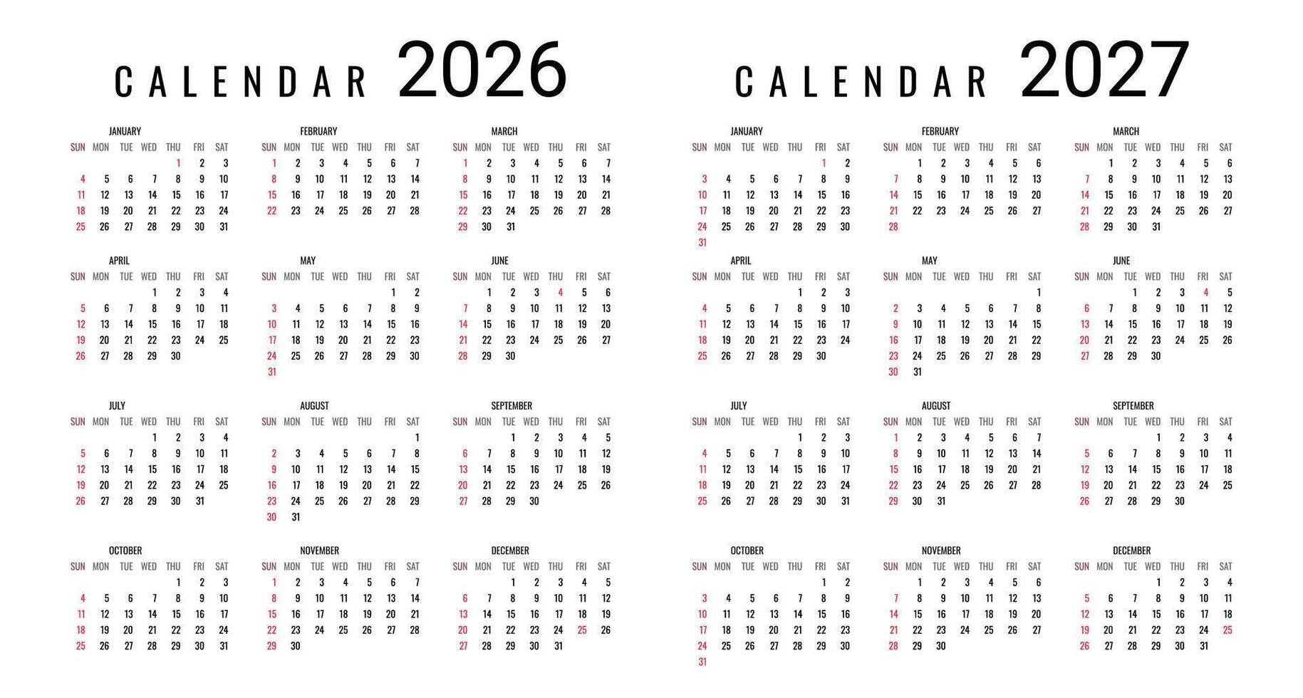 Minimalist 2026 2027 Calendar Template with Clean Black and Red Typography, Perfect for Business, Office, Corporate Planning and Personal Organization. Editable Layout Illustration vector