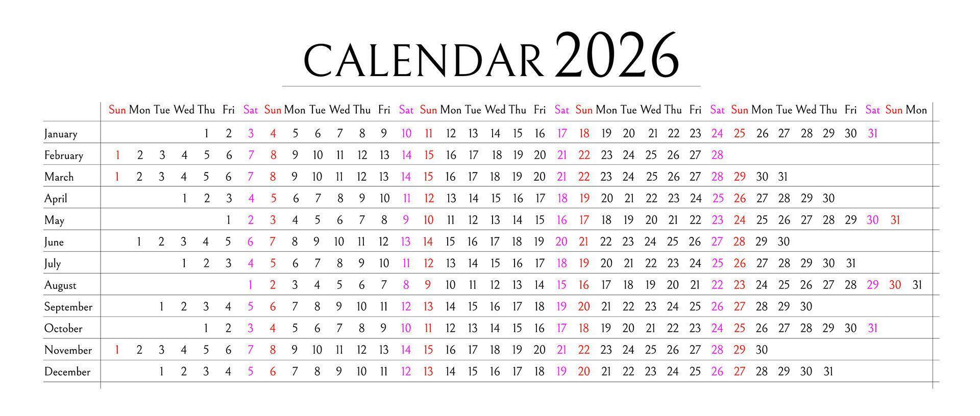 Simple 2026 Year Calendar Template with Clean Grid Layout for Planning, Business, Office, and Personal Organization. Minimal Design with Weekdays and Months. Illustration vector