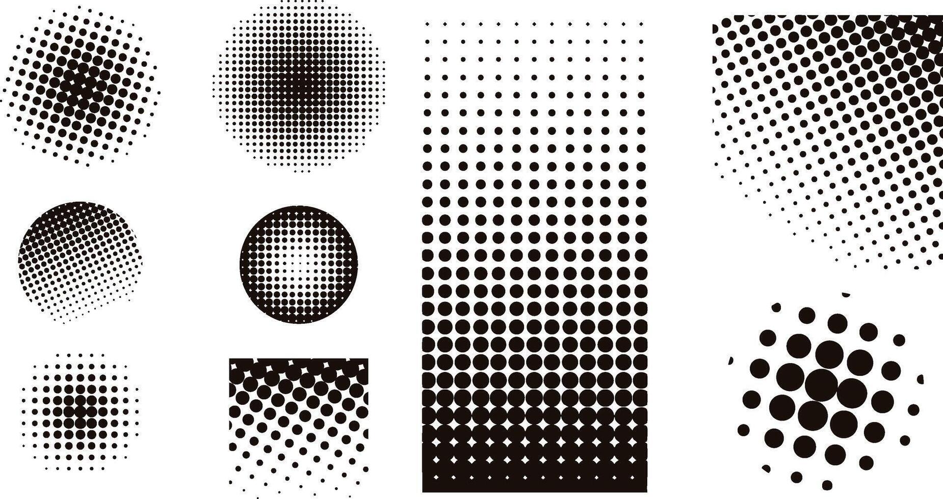 set of halftone black dot elements in various shapes for retro design and background vector