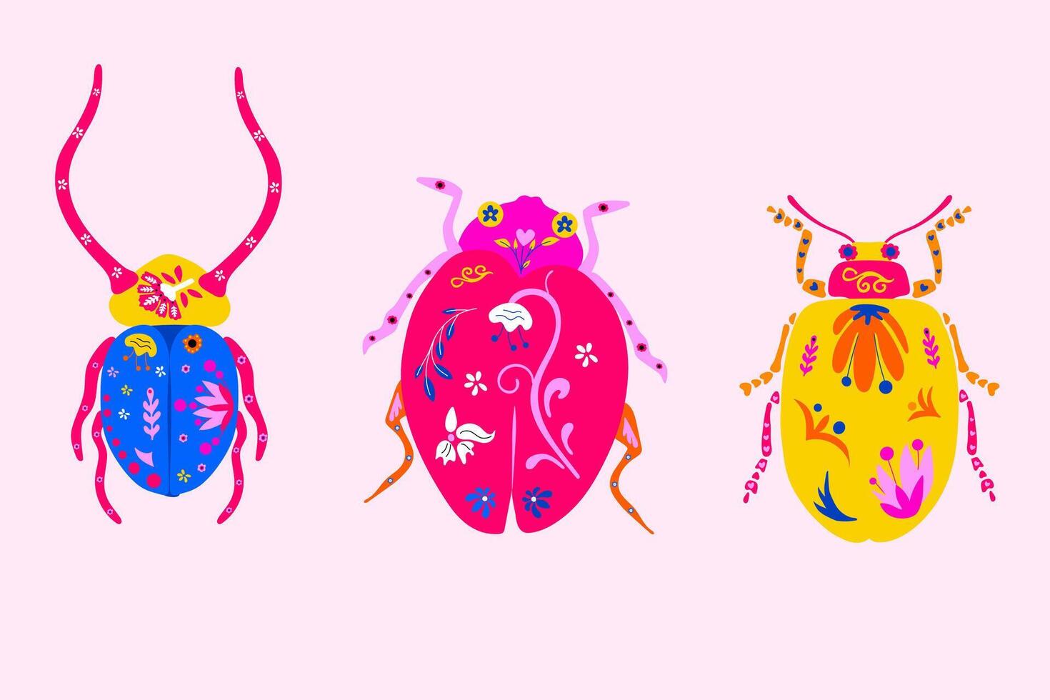 Set of Three Mexican Alebrije Beetles in Folk Art Style vector