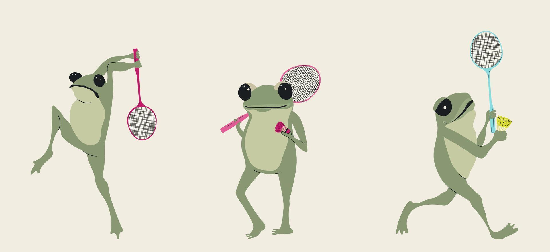 Three Cartoon Frogs Playing Badminton vector