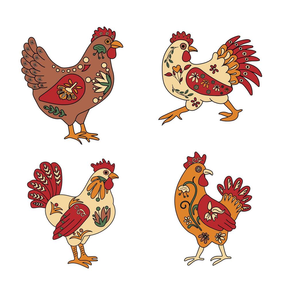 Set of colorful ornamental roosters in traditional Mexican alebrije folk art style with intricate patterns and vibrant colors vector