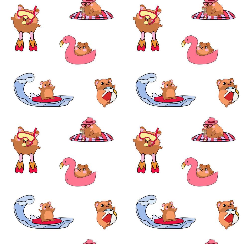 Seamless pattern with cute hamsters enjoying a fun summer vacation at the beach vector