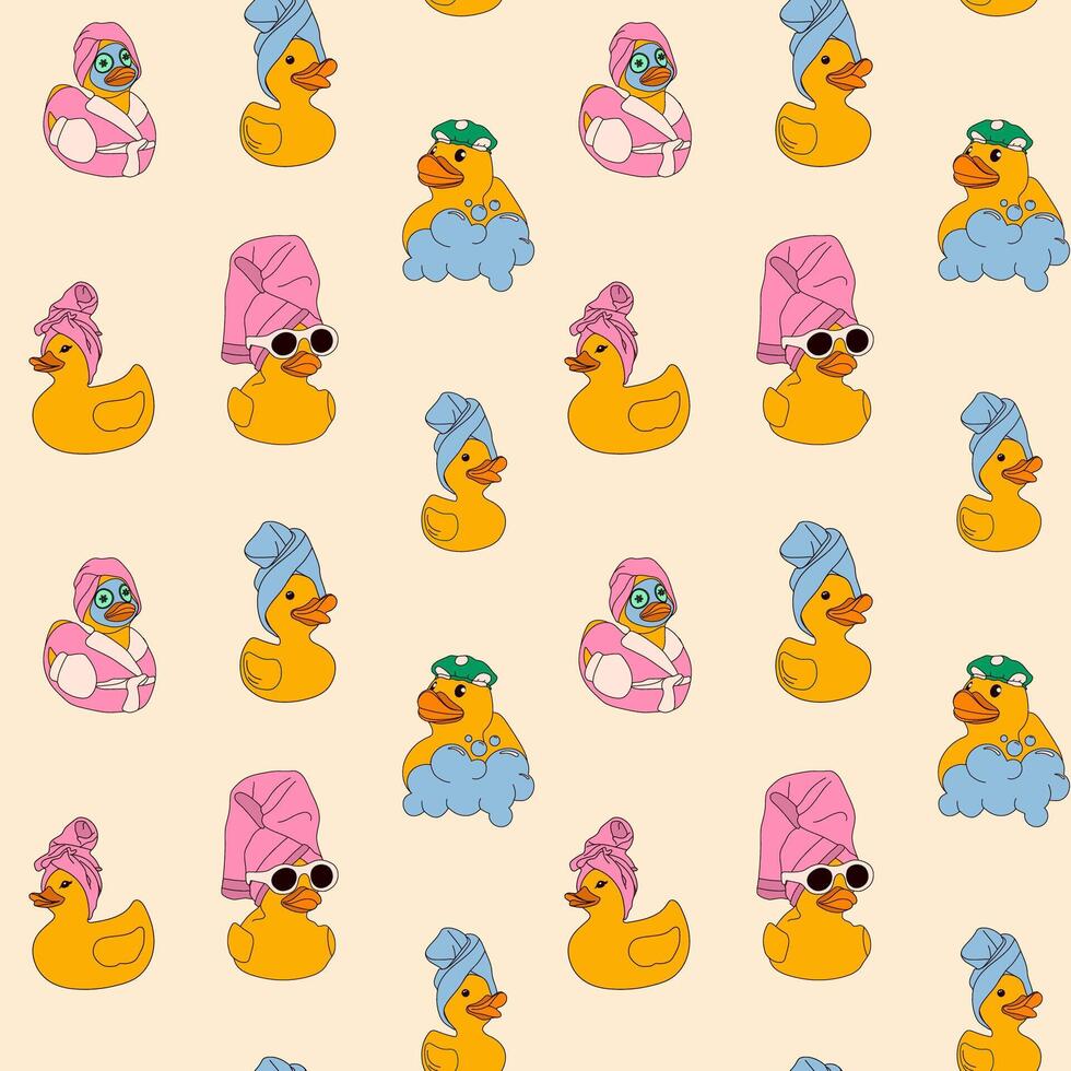 Seamless pattern with rubber ducks enjoying a spa day, featuring scenes with towels, shower caps, bubbles, and calm expressions. vector
