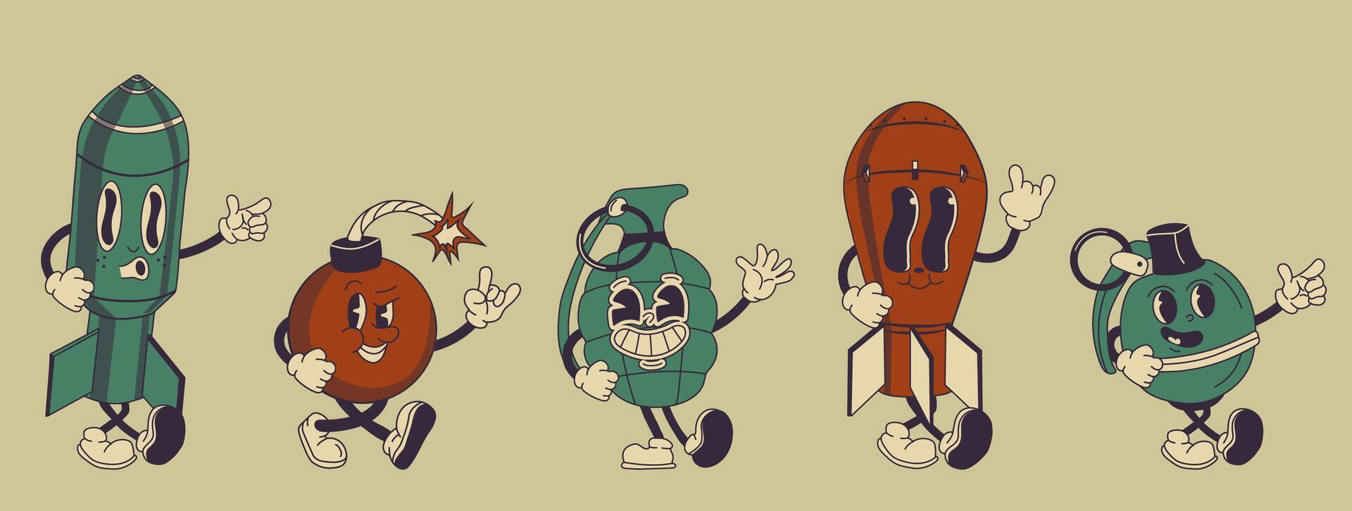 Groovy Cartoon Rocket Grenade and Bomb Characters vector
