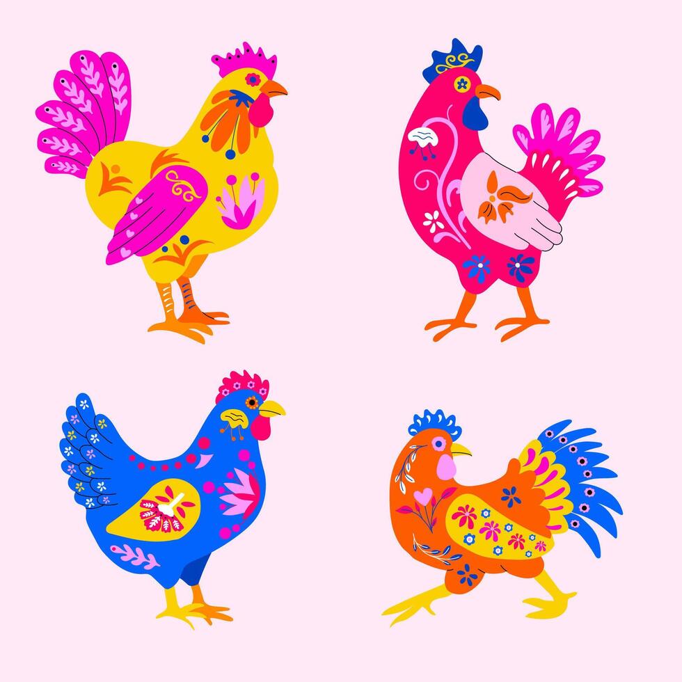 Decorative Alebrije Roosters with Bold Folk Art Patterns vector