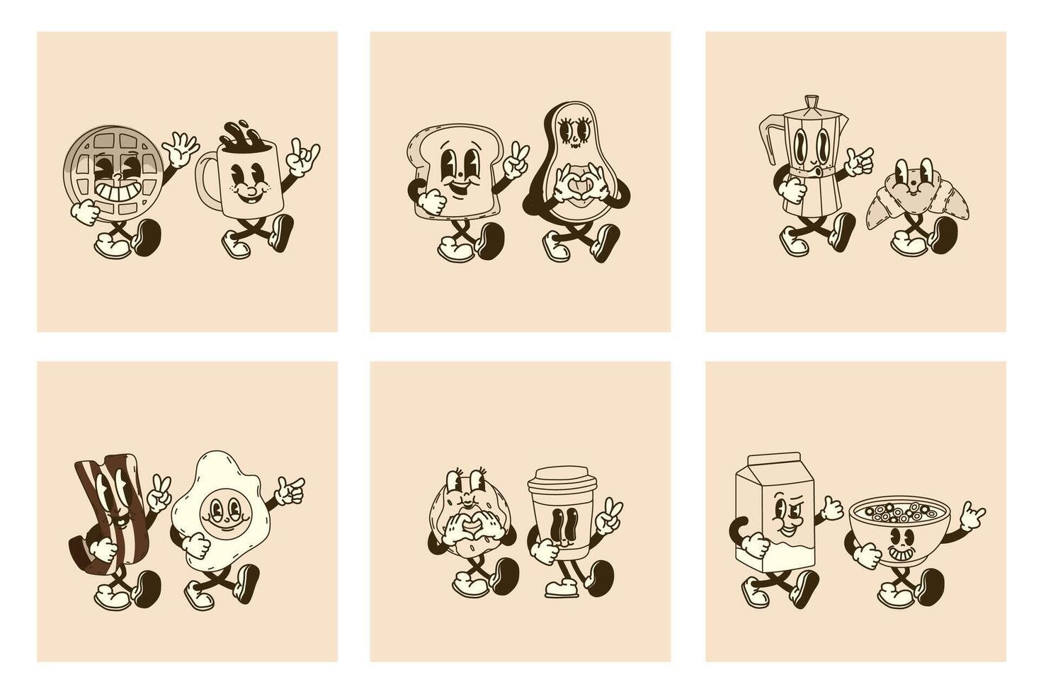 Groovy Breakfast Duo Characters in Retro Style vector