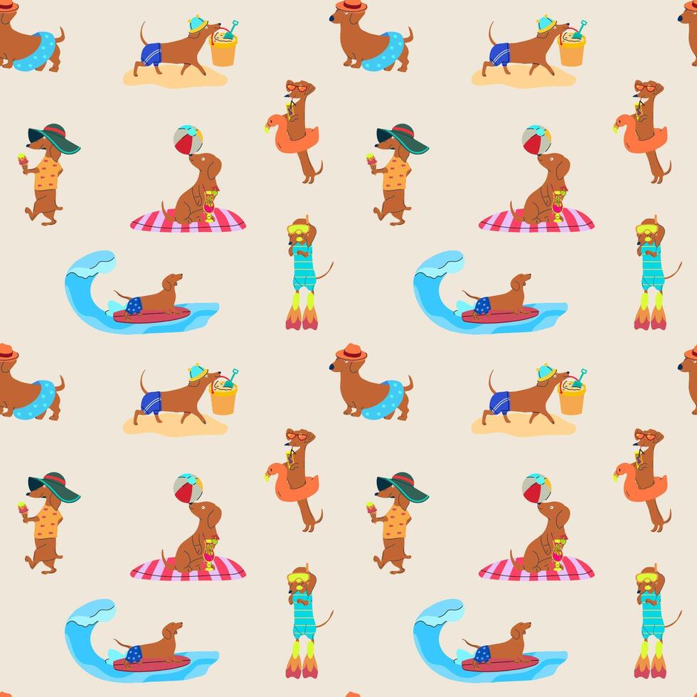 Seamless pattern with cute cartoon dachshunds enjoying summer on the beach vector