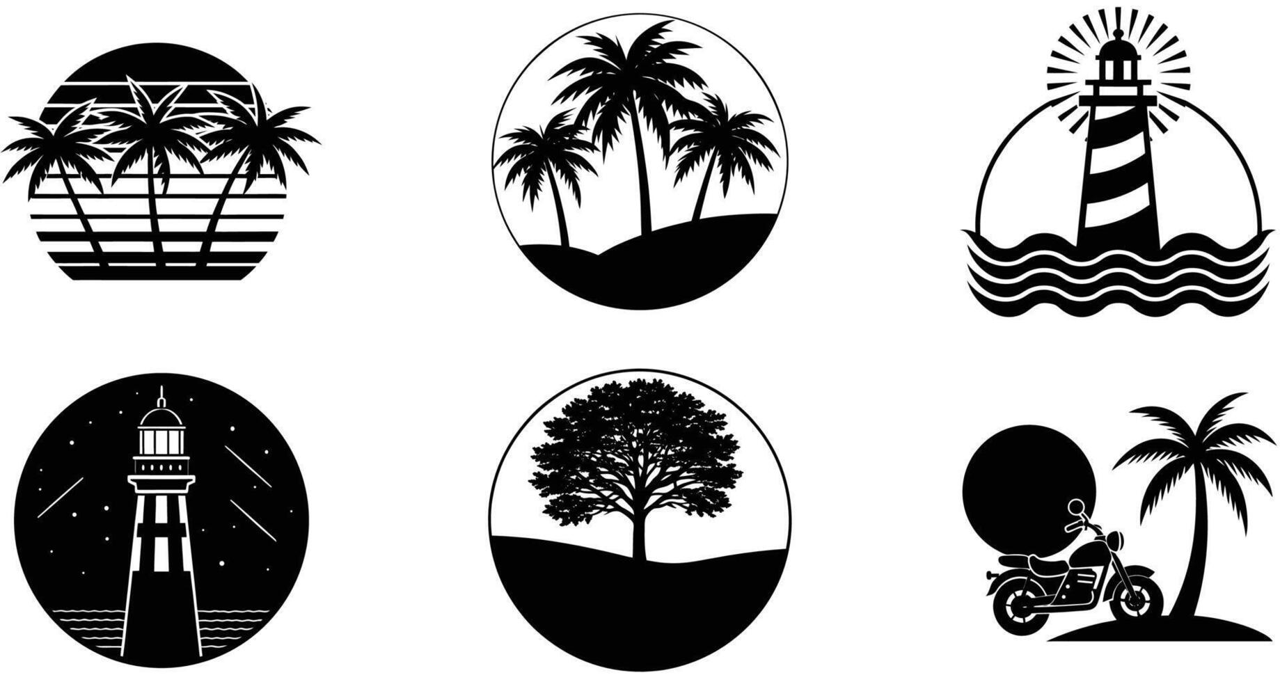 A set of six black and white logos with palm trees and a lighthouse vector