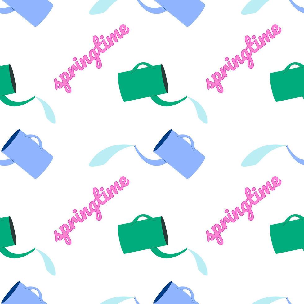 Seamless pattern featuring blue and green watering cans, water splashes, and pink - Springtime - text on white background. Perfect for spring and gardening designs, wallpaper, wrapping and gift paper. vector