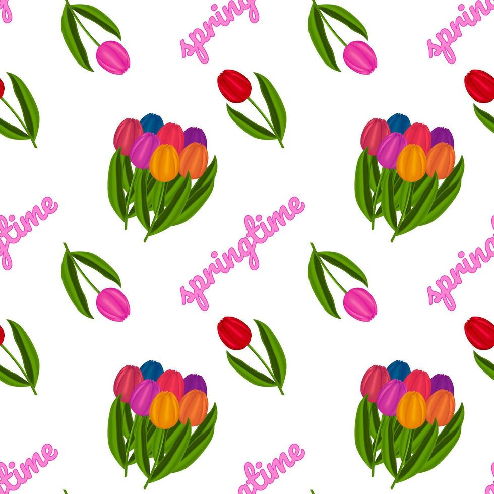 Vibrant floral seamless pattern featuring 3D spring flowers - colourful tulip bouquets and - springtime - text on a white background. Perfect for spring designs, wallpaper, wrapping paper and gift box vector