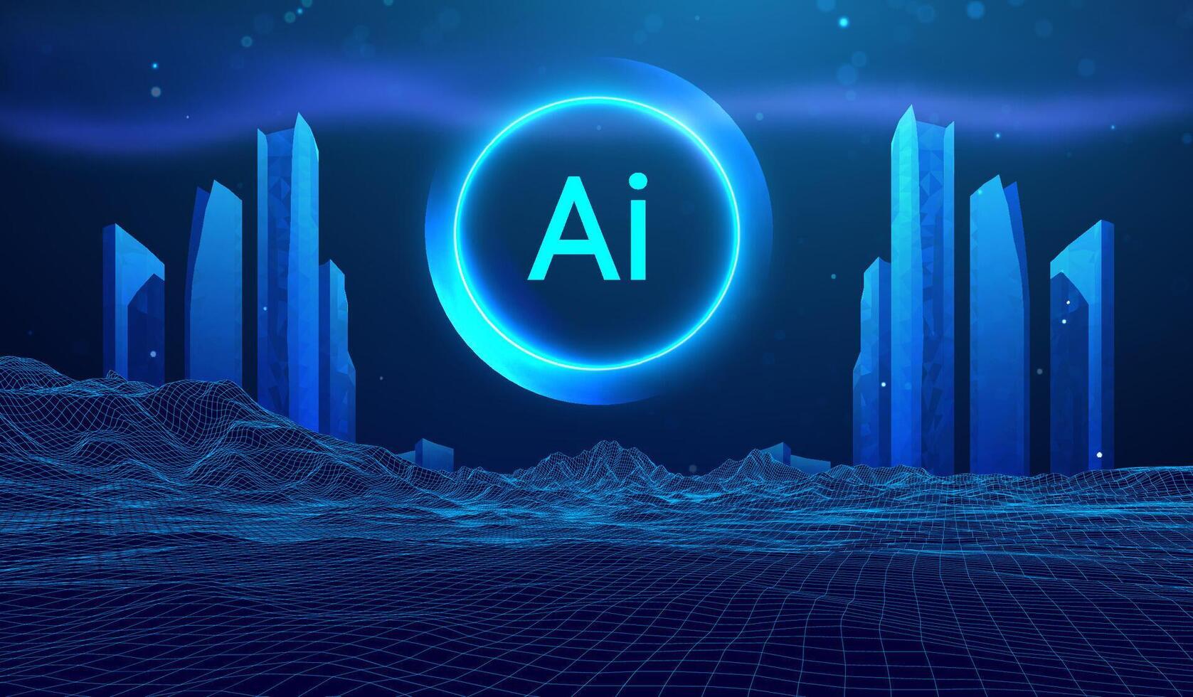 Future city smart tech building background abstract AI technology concept. Neon digital skyline architecture hologram design cyberpunk grid. Investment network system infrastructure energy globe. vector