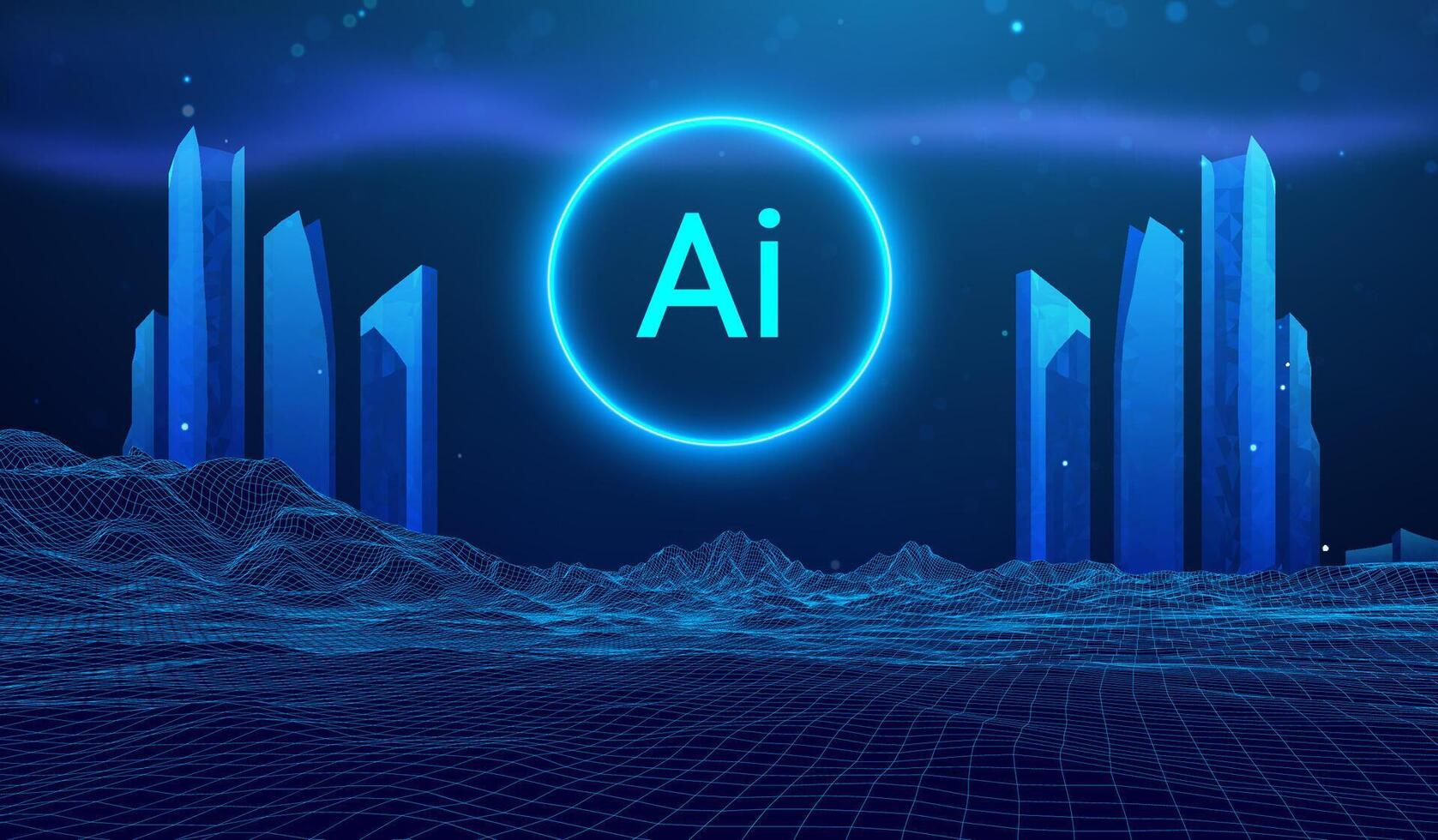 Smart City Building Background Future Tech Abstract AI Technology Concept. Neon Digital Architecture Network Design. Futuristic Cyber 3D Metaverse Urban Landscape. vector
