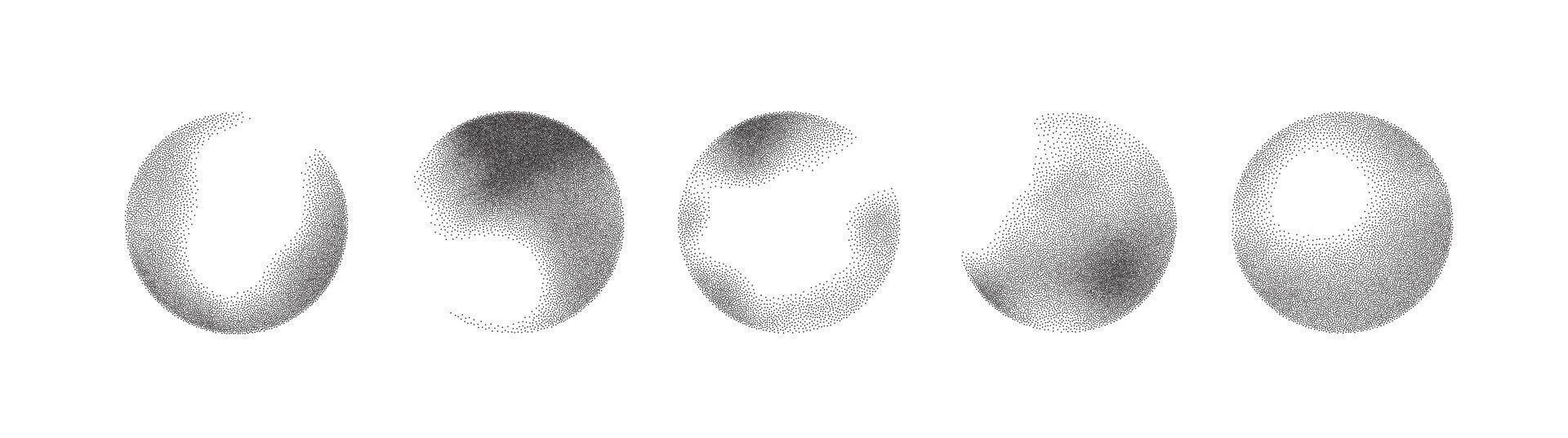 Grain noise dot sphere with gradient spray pattern background . Abstract brush round dissolve effect with grainy sand and ink. Sun white black stipple planet fade with halftone shadow ring. vector