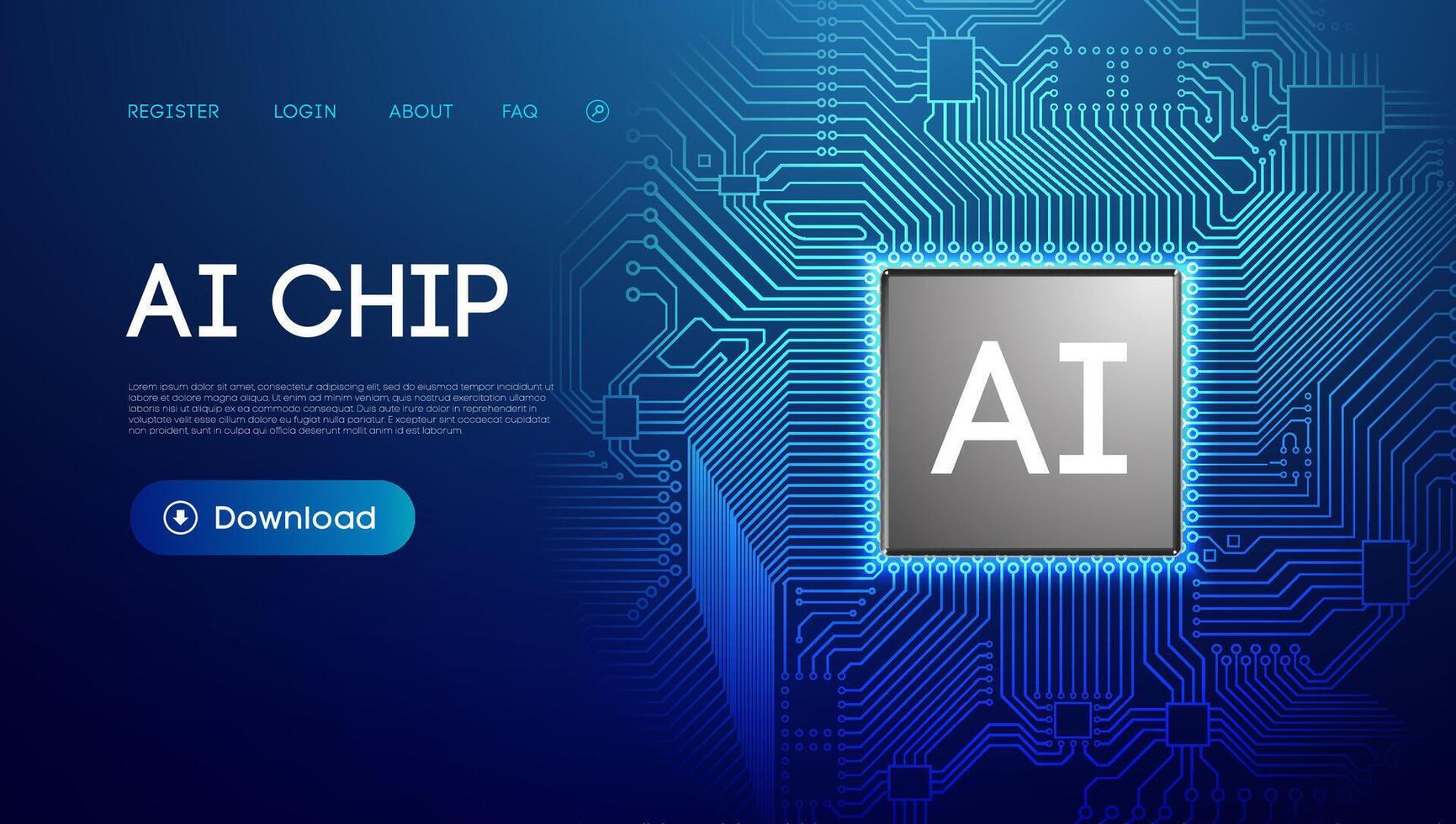 3d ai chip tech background, computer semiconductor circuit board. Abstract digital blue data cloud concept, futuristic artificial intelligent microchip robot cpu processor . vector