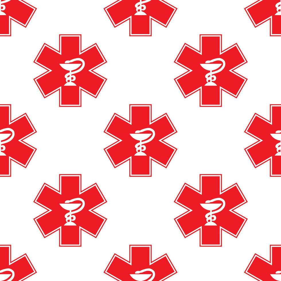 Seamless pattern with red medical symbols featuring the Rod of Asclepius. Clean, minimal design suitable for healthcare, pharmaceutical, and emergency-related projects. vector