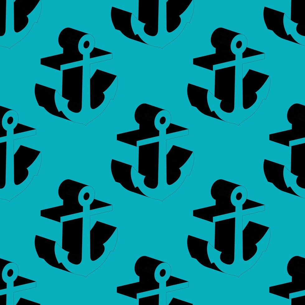 Seamless pattern featuring bold black anchor symbols with a modern graphic twist on a cyan background. Perfect for nautical designs, fashion prints, or maritime themes. vector