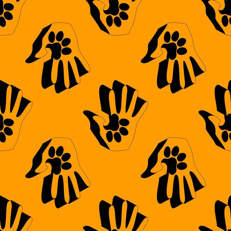 Seamless pattern showing human hands merged with animal paw prints in black on an orange background. Ideal for pet care, adoption, or wildlife support themes and designs. vector
