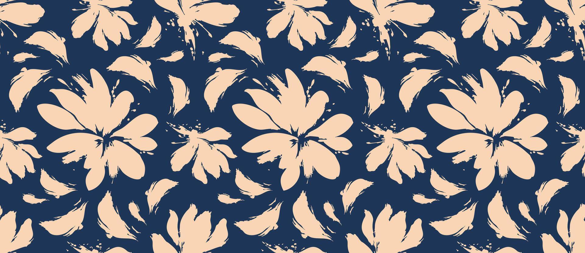 Cream on navy seamless floral pattern with hand drawn silhouettes for fabric, packaging, and wallpaper bakground vector