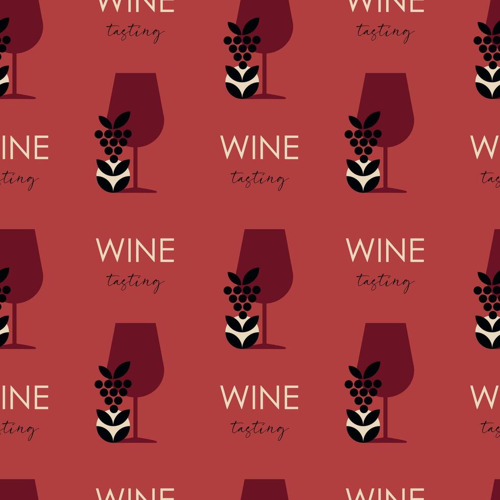 Elegant Wine Seamless Pattern for Events and Packaging. Seamless wine tasting pattern with stylized wine glasses, grape clusters, and text on a red background vector