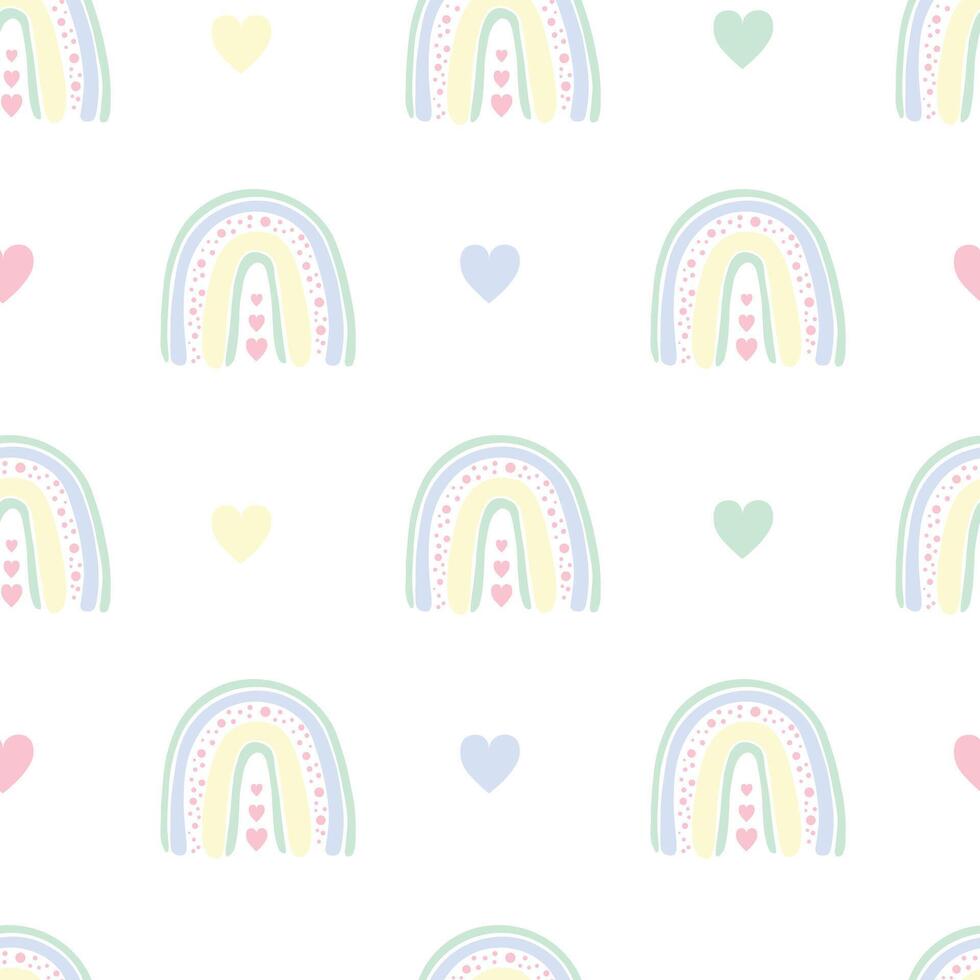 Cute children's seamless pattern with rainbows and hearts in pastel colors. illustration vector