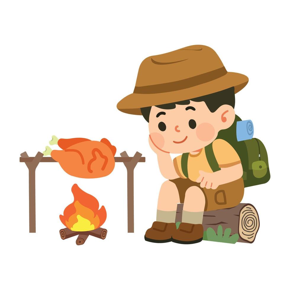 Boy Camping with Roasting Chicken vector