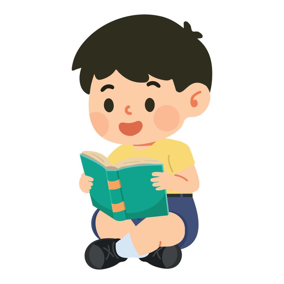 Boy Sitting and Reading a Book vector