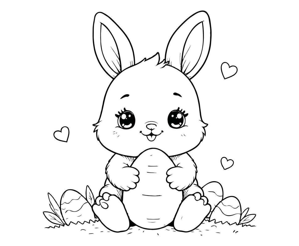 Kawaii Bunny Easter Egg with Clouds and Hearts coloring page vector