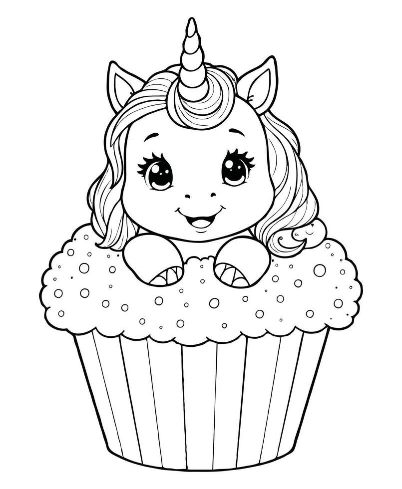 cute kawaii Unicorn Peeking Out of a Giant Cupcake coloring page vector