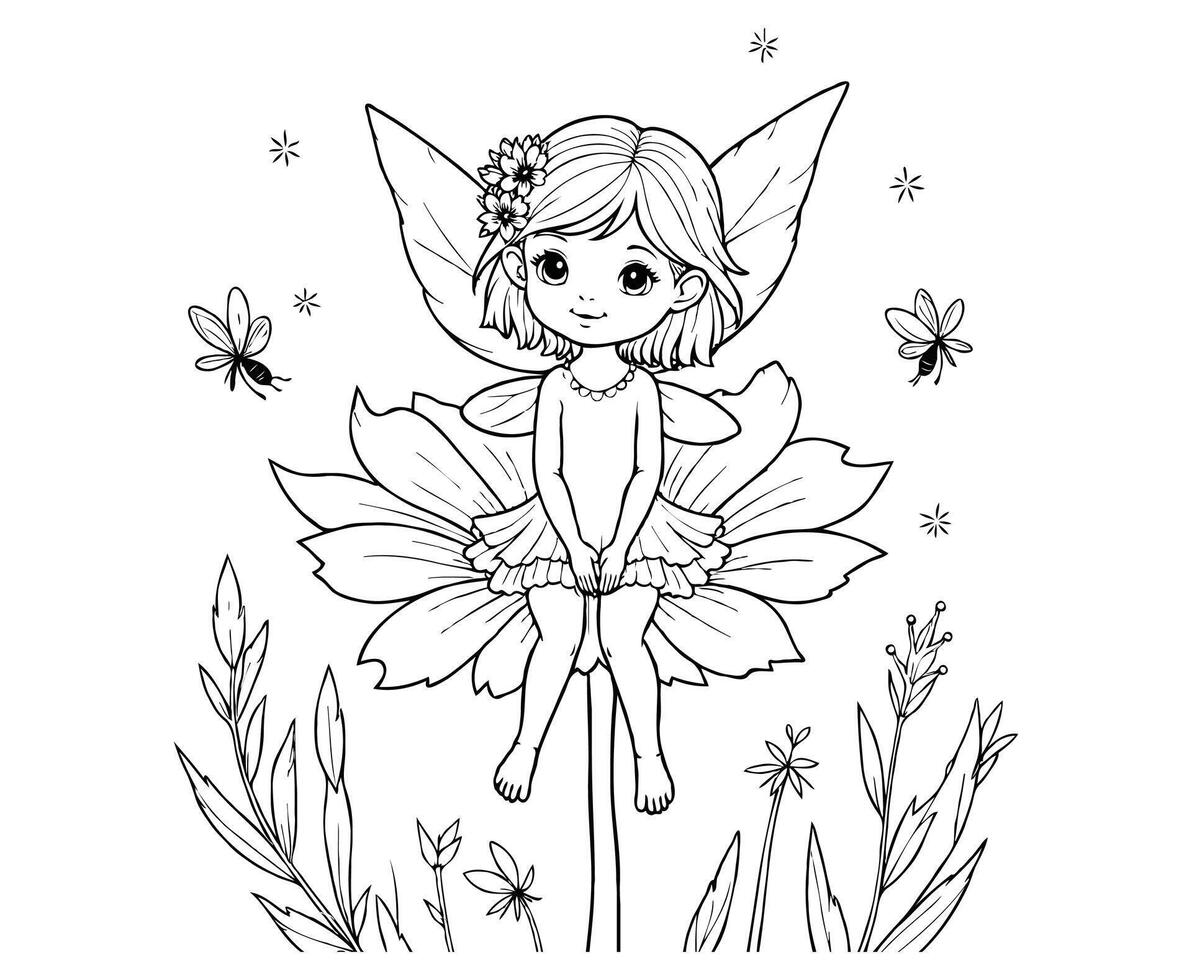 Fairy with Fluffy Wings Sitting on a Giant Flower coloring page vector
