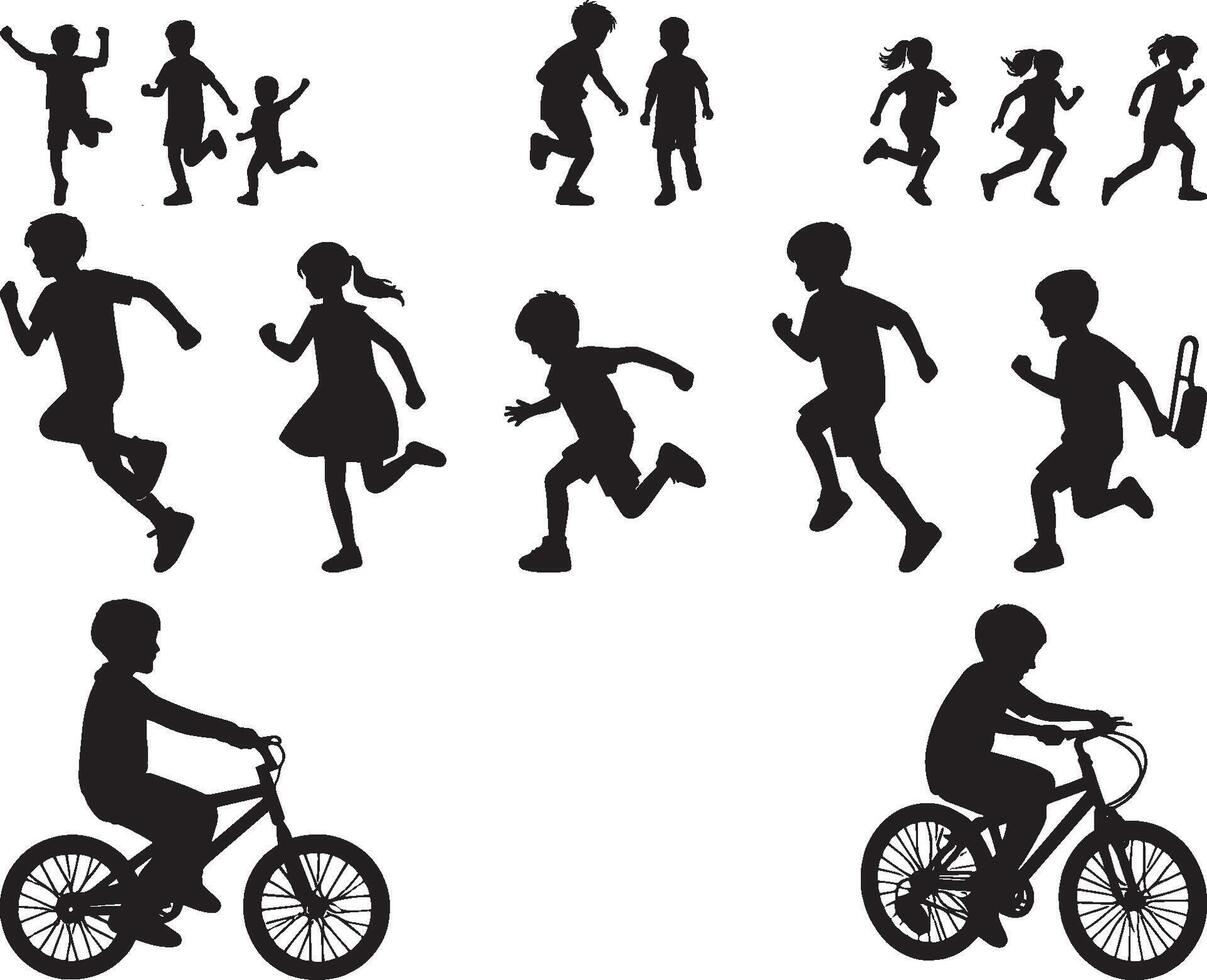 Children Playing and Riding Bikes Silhouette vector