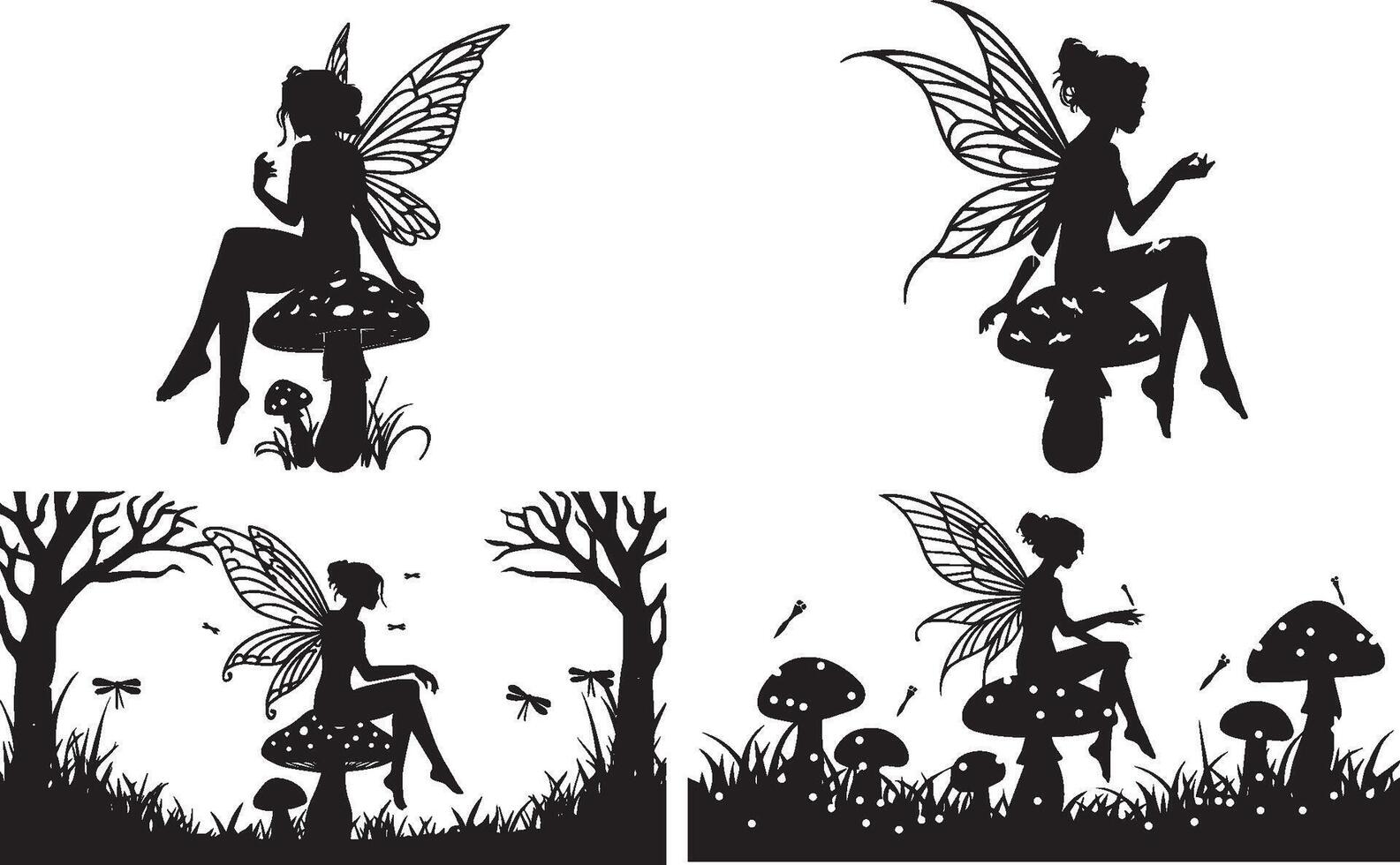 Fairy Silhouettes on Mushrooms and in a Forest vector